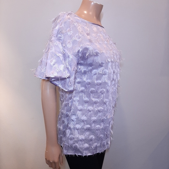 BANANA REPUBLIC Eyelash Fringe Top Sheer Lavender Short Bell Sleeve Satin Blouse - Picture 6 of 9
